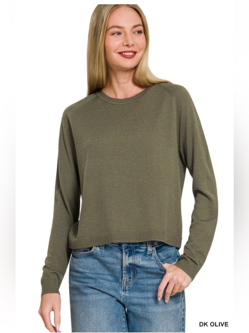 ZENANA Lightweight Wool Blend Round Neck Sweater | Dark Olive